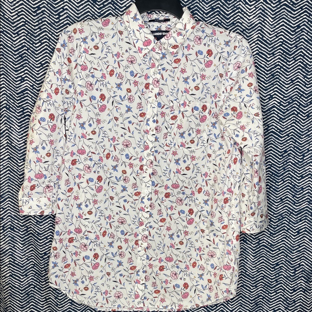 Lands' End 100% Cotton White Floral Button Down Shirt